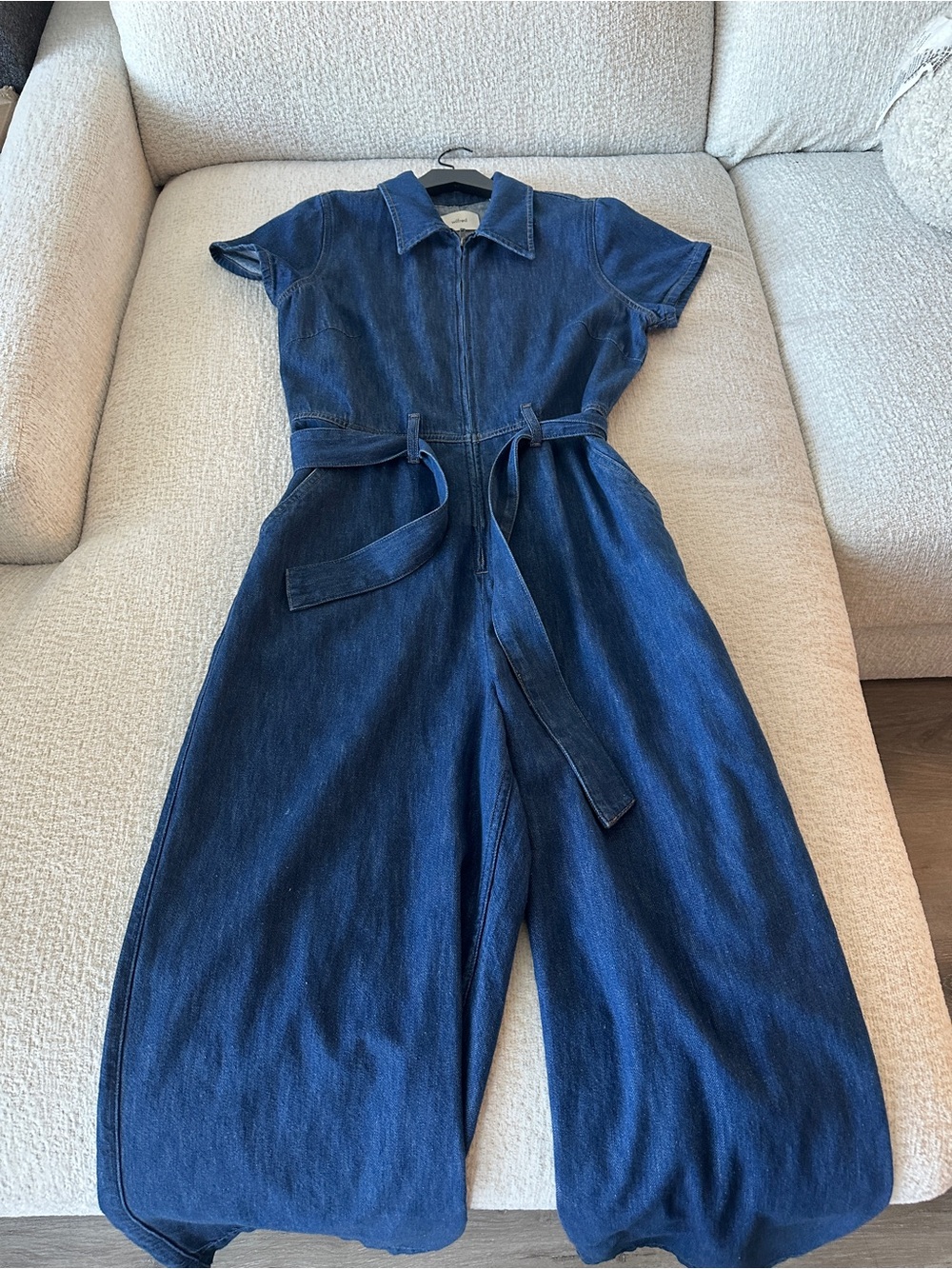 Wilfred Navy Denim Short-Sleeve Jumpsuit with Tie Belt